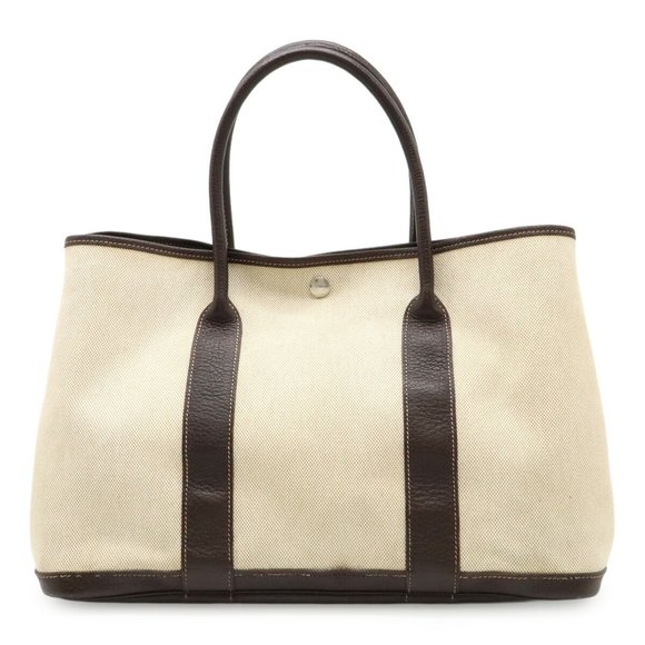 HERMES Garden PM Tote Bag, Handbag, Toile H Canvas, Leather, Beige, Dark Brown - Picture 1 of 9
